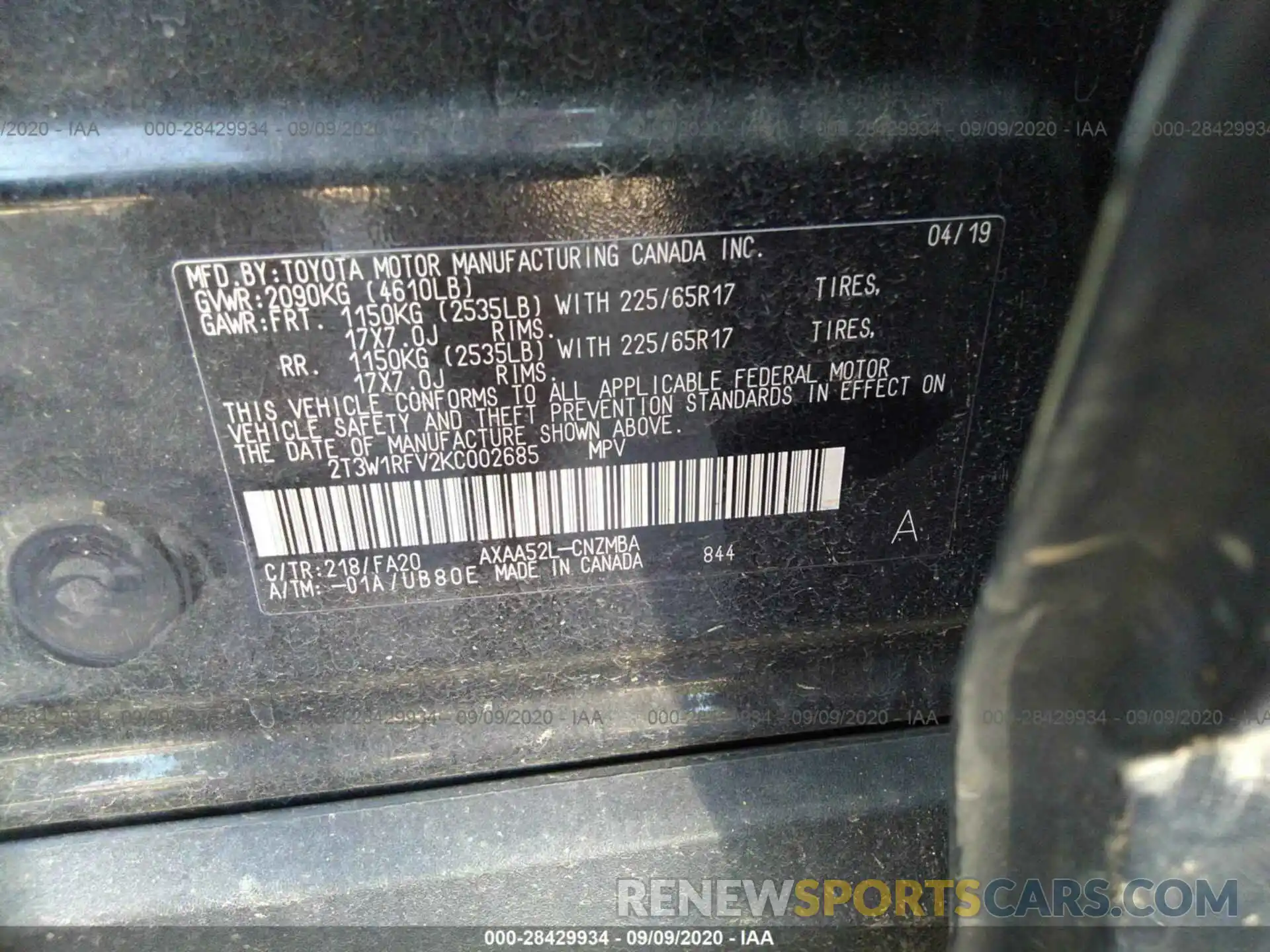 9 Фотография поврежденного автомобиля 2T3W1RFV2KC002685 TOYOTA RAV4 2019