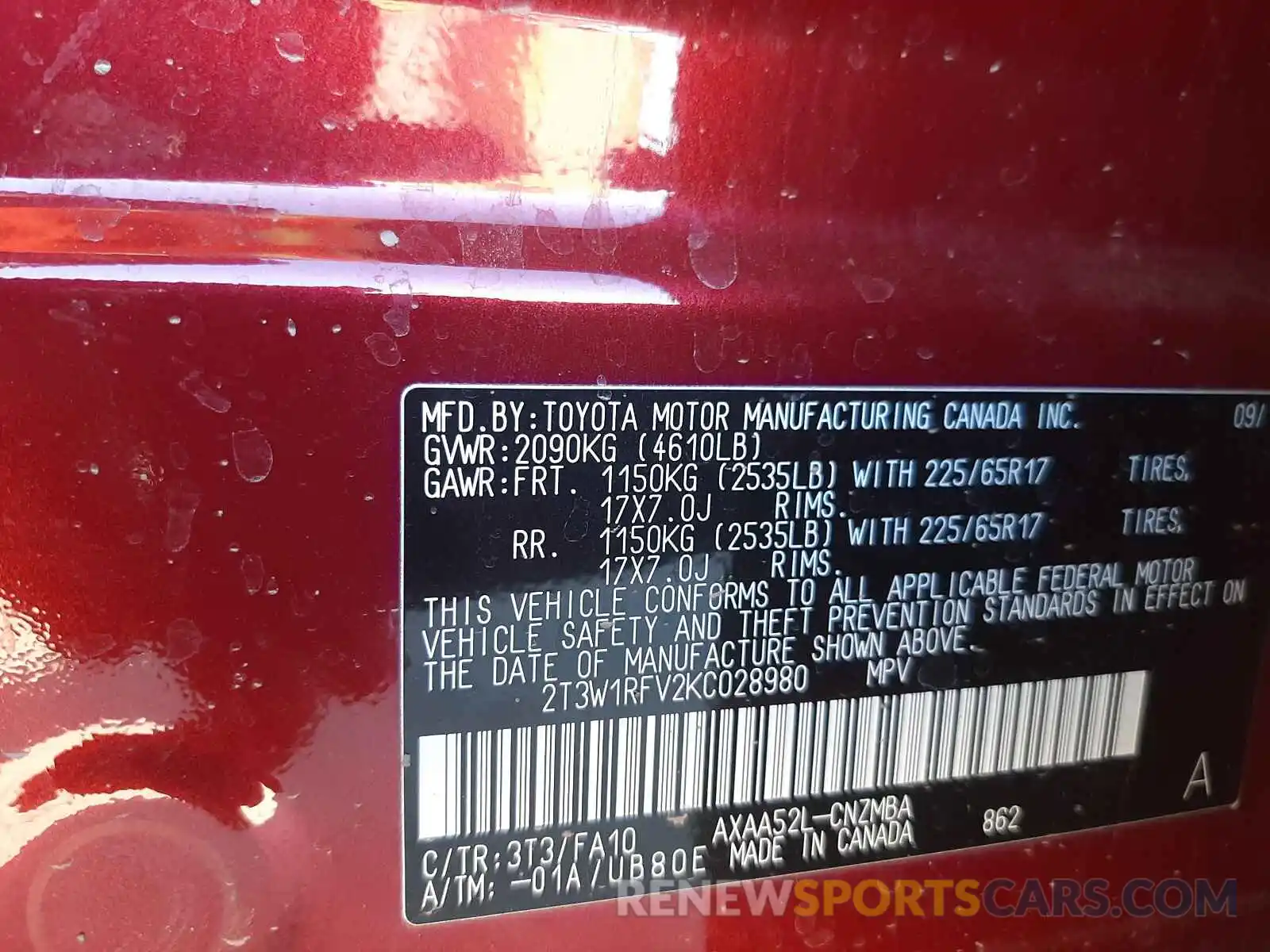 10 Photograph of a damaged car 2T3W1RFV2KC028980 TOYOTA RAV4 2019