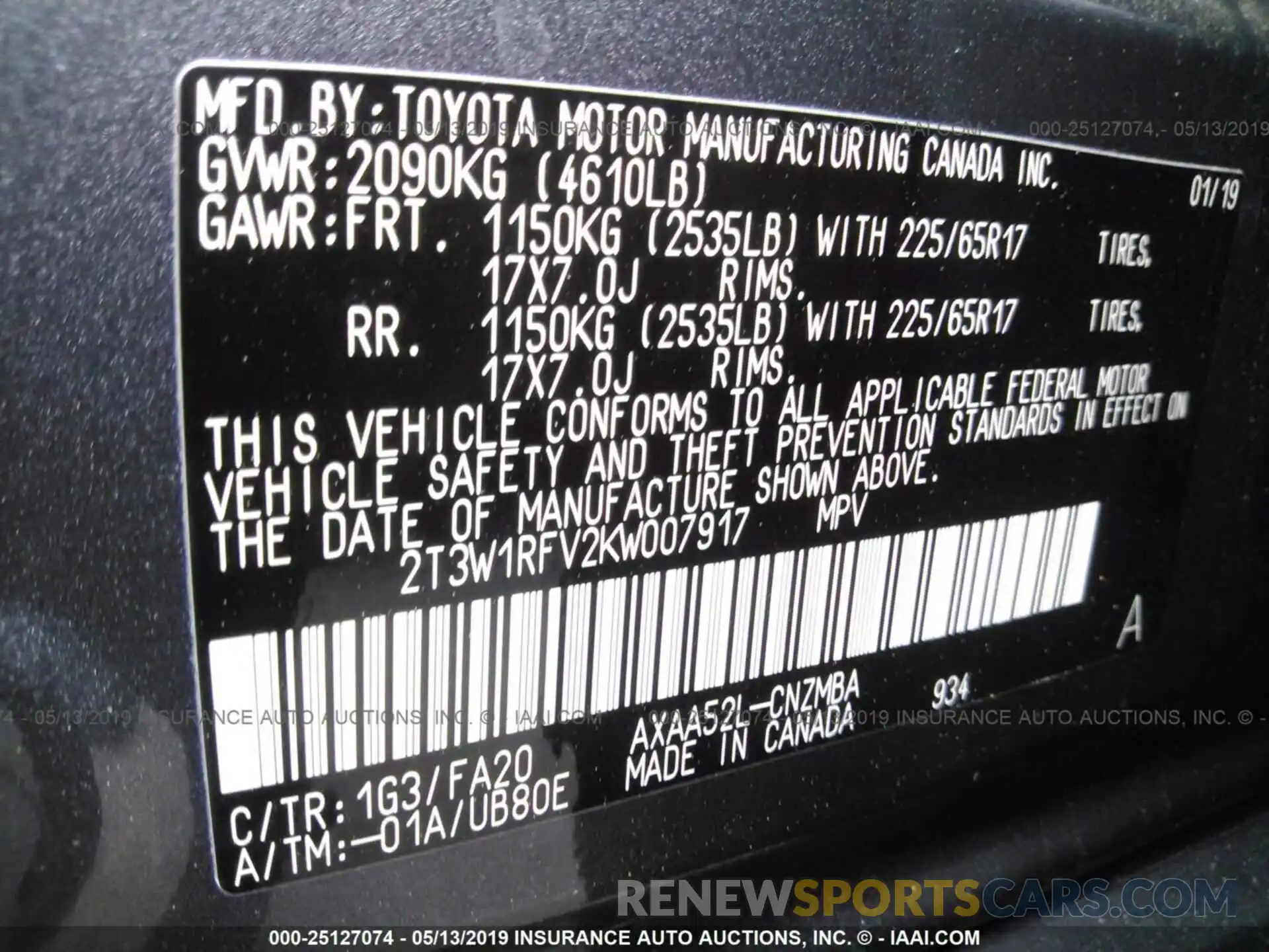 9 Фотография поврежденного автомобиля 2T3W1RFV2KW007917 TOYOTA RAV4 2019