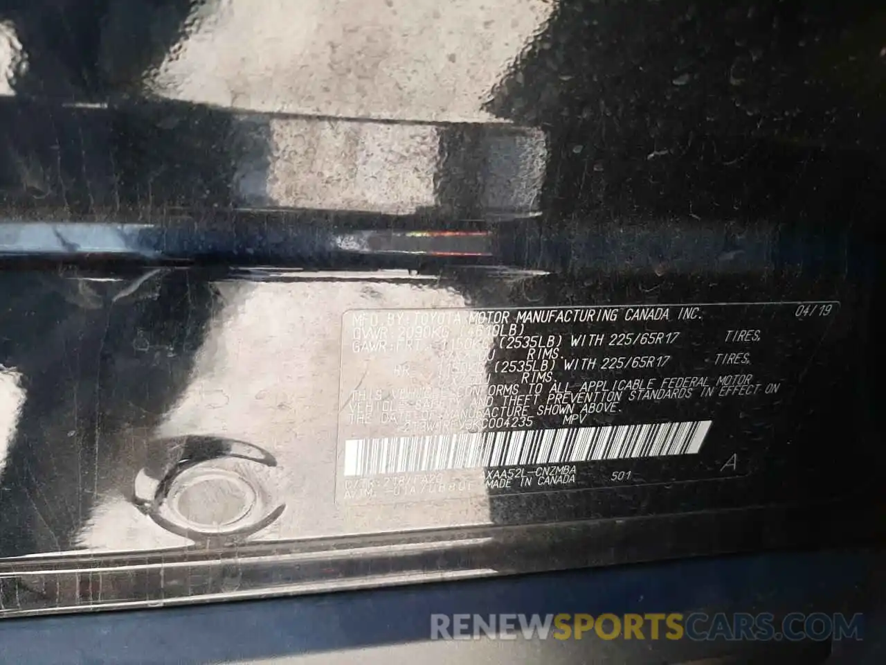 10 Photograph of a damaged car 2T3W1RFV3KC004235 TOYOTA RAV4 2019