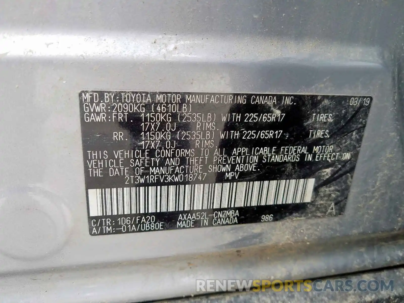 10 Photograph of a damaged car 2T3W1RFV3KW018747 TOYOTA RAV4 2019