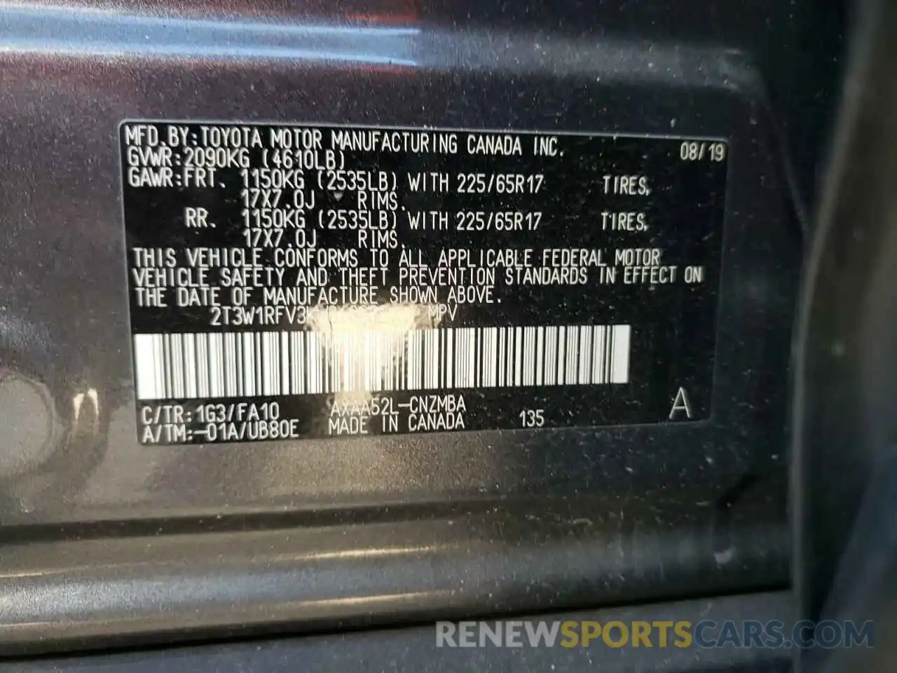 10 Photograph of a damaged car 2T3W1RFV3KW046662 TOYOTA RAV4 2019