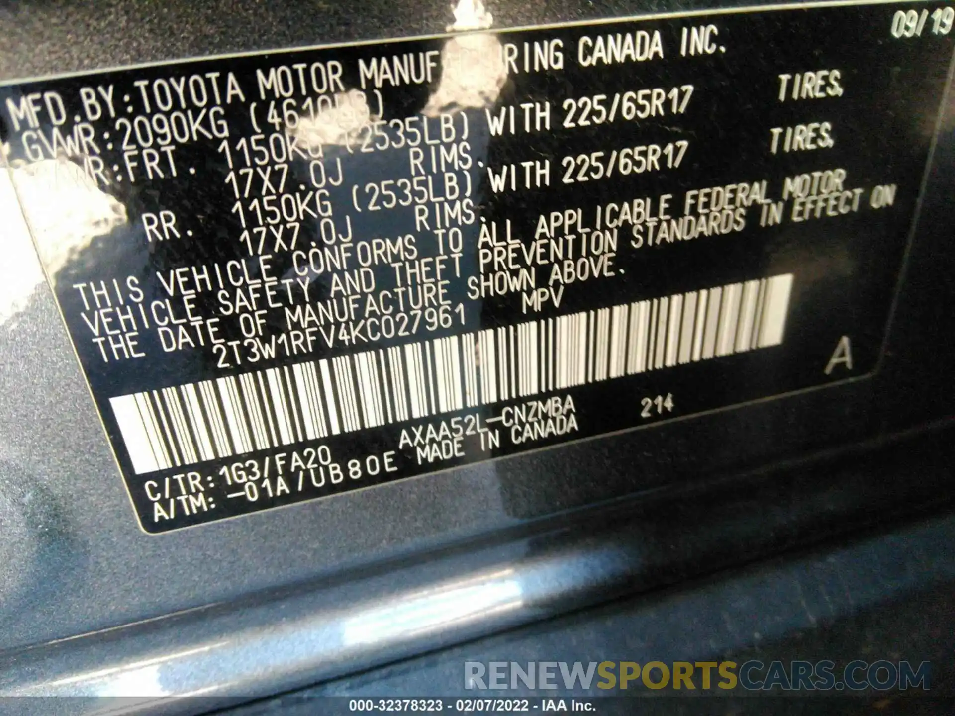 9 Фотография поврежденного автомобиля 2T3W1RFV4KC027961 TOYOTA RAV4 2019