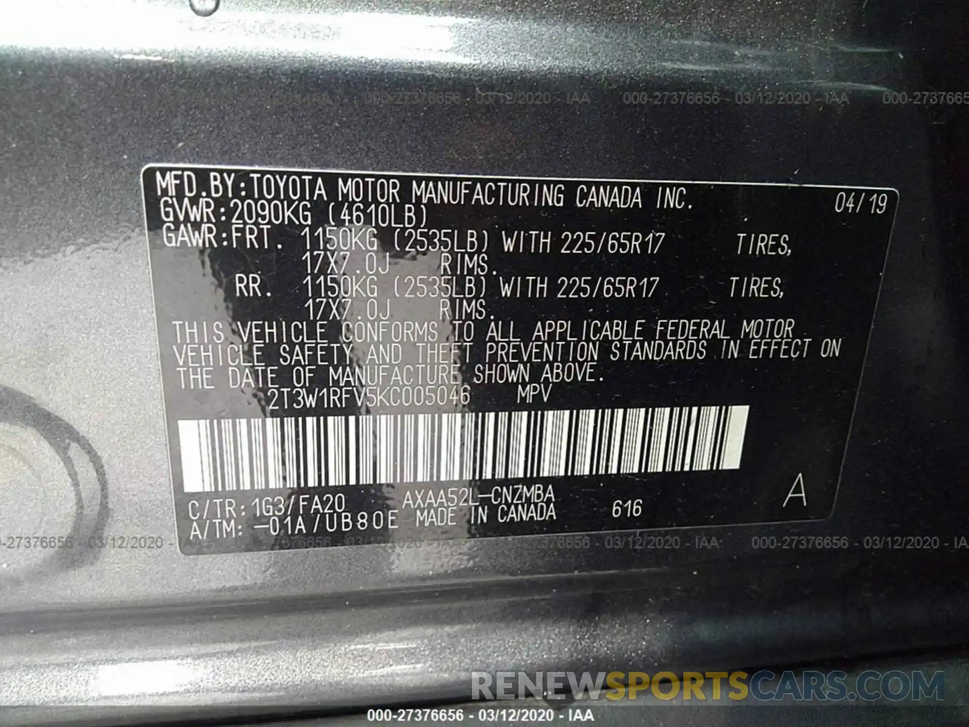 9 Фотография поврежденного автомобиля 2T3W1RFV5KC005046 TOYOTA RAV4 2019