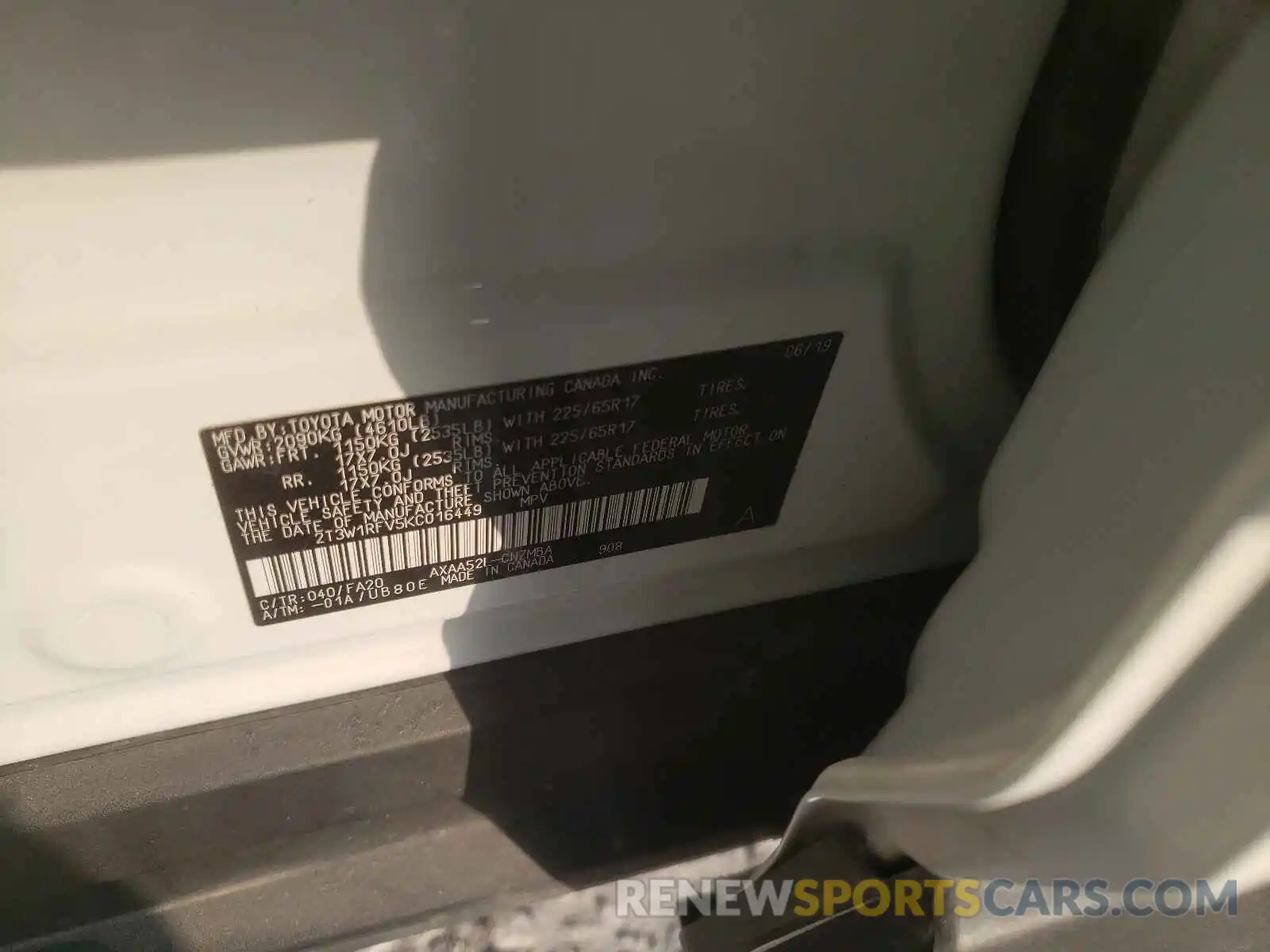 10 Photograph of a damaged car 2T3W1RFV5KC016449 TOYOTA RAV4 2019