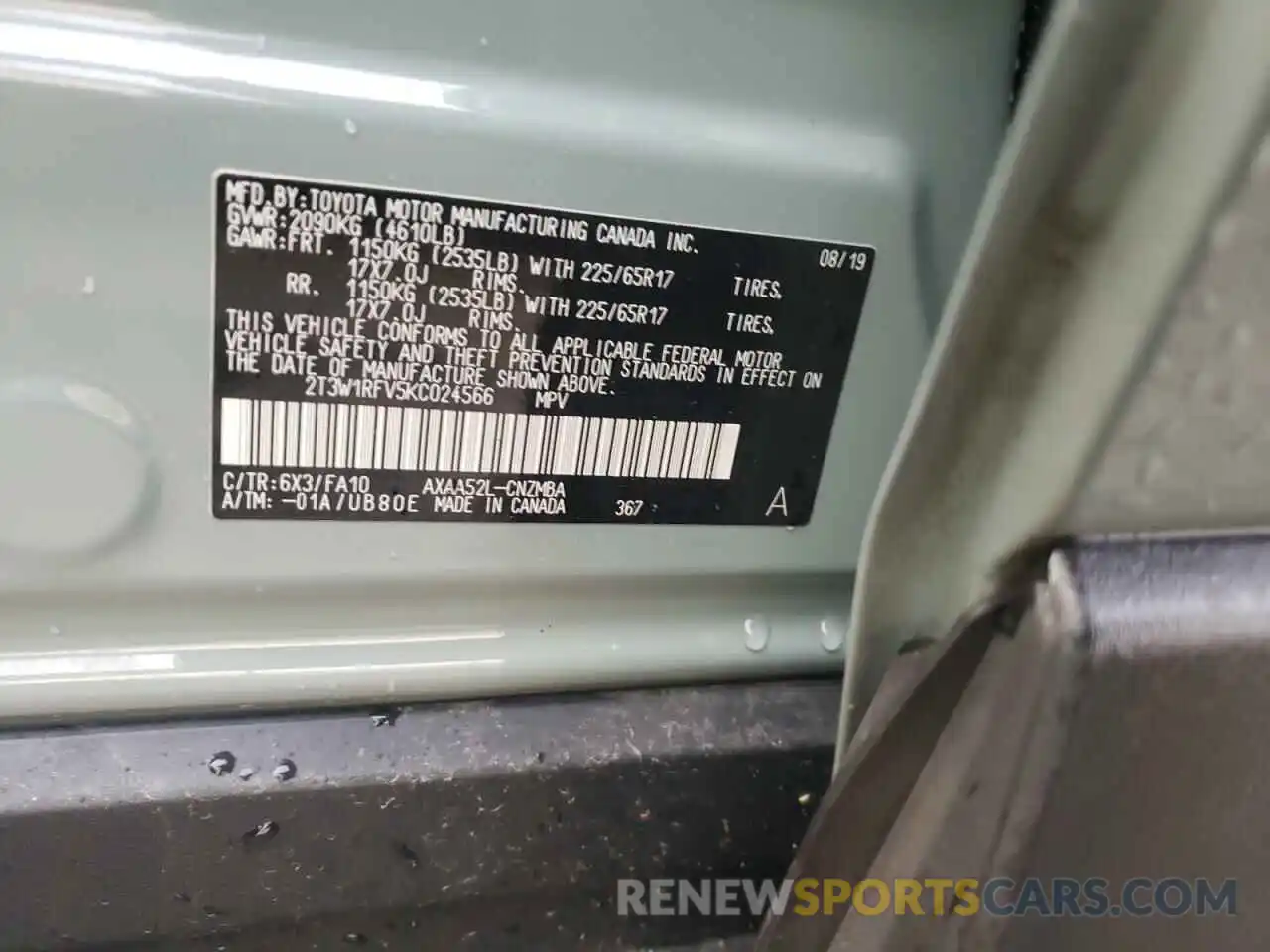 10 Photograph of a damaged car 2T3W1RFV5KC024566 TOYOTA RAV4 2019