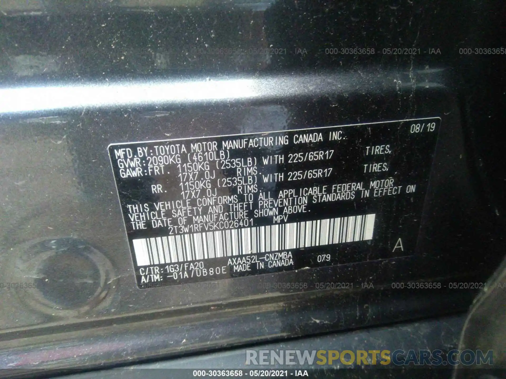 9 Фотография поврежденного автомобиля 2T3W1RFV5KC026401 TOYOTA RAV4 2019