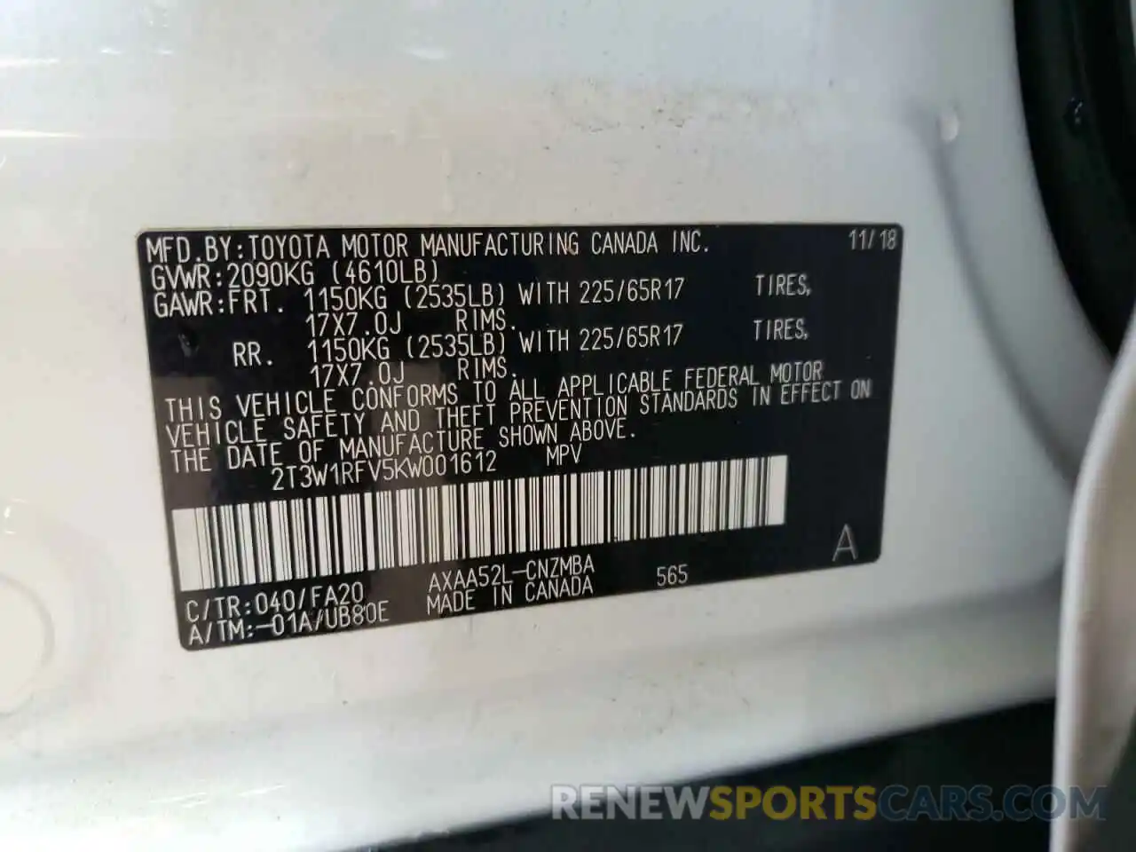 10 Photograph of a damaged car 2T3W1RFV5KW001612 TOYOTA RAV4 2019