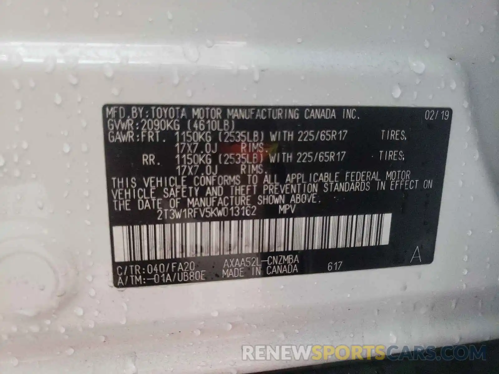 10 Photograph of a damaged car 2T3W1RFV5KW013162 TOYOTA RAV4 2019