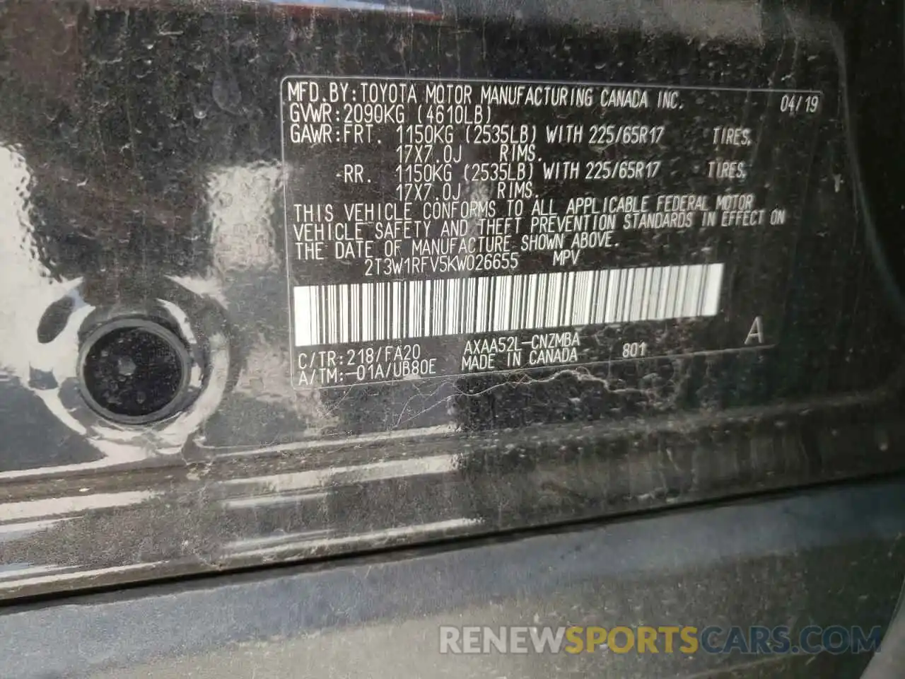 10 Photograph of a damaged car 2T3W1RFV5KW026655 TOYOTA RAV4 2019