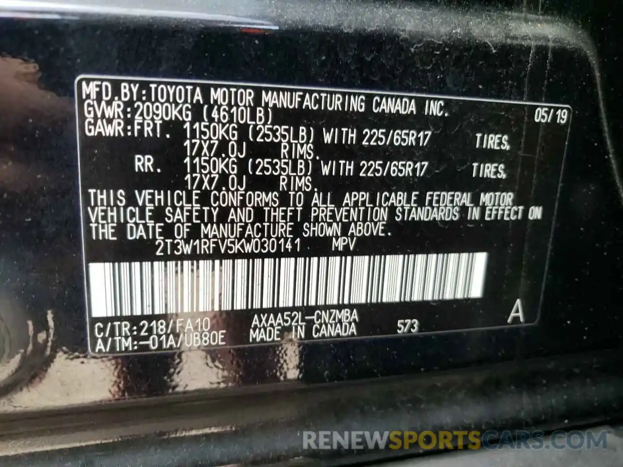 10 Фотография поврежденного автомобиля 2T3W1RFV5KW030141 TOYOTA RAV4 2019