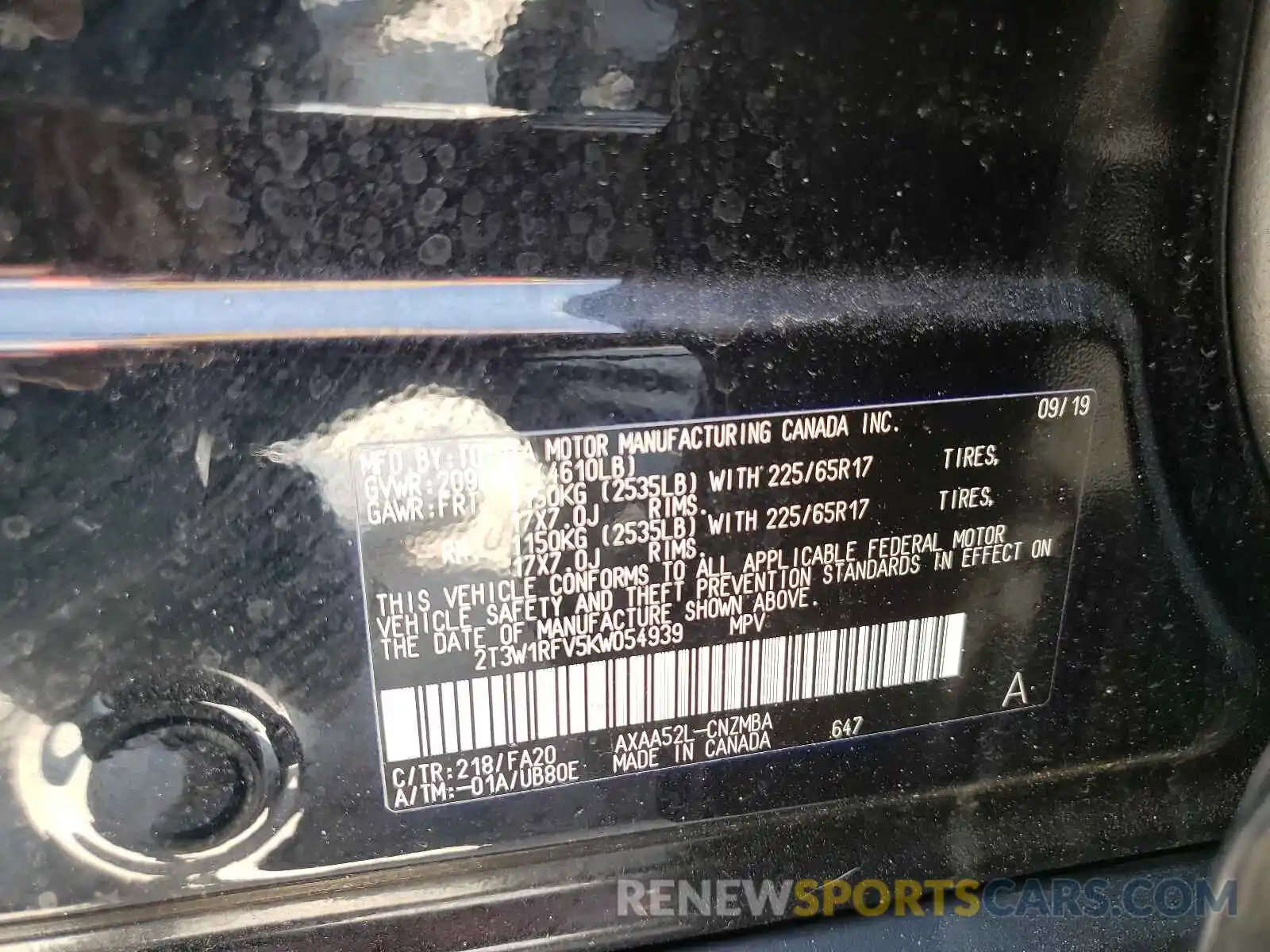 10 Photograph of a damaged car 2T3W1RFV5KW054939 TOYOTA RAV4 2019