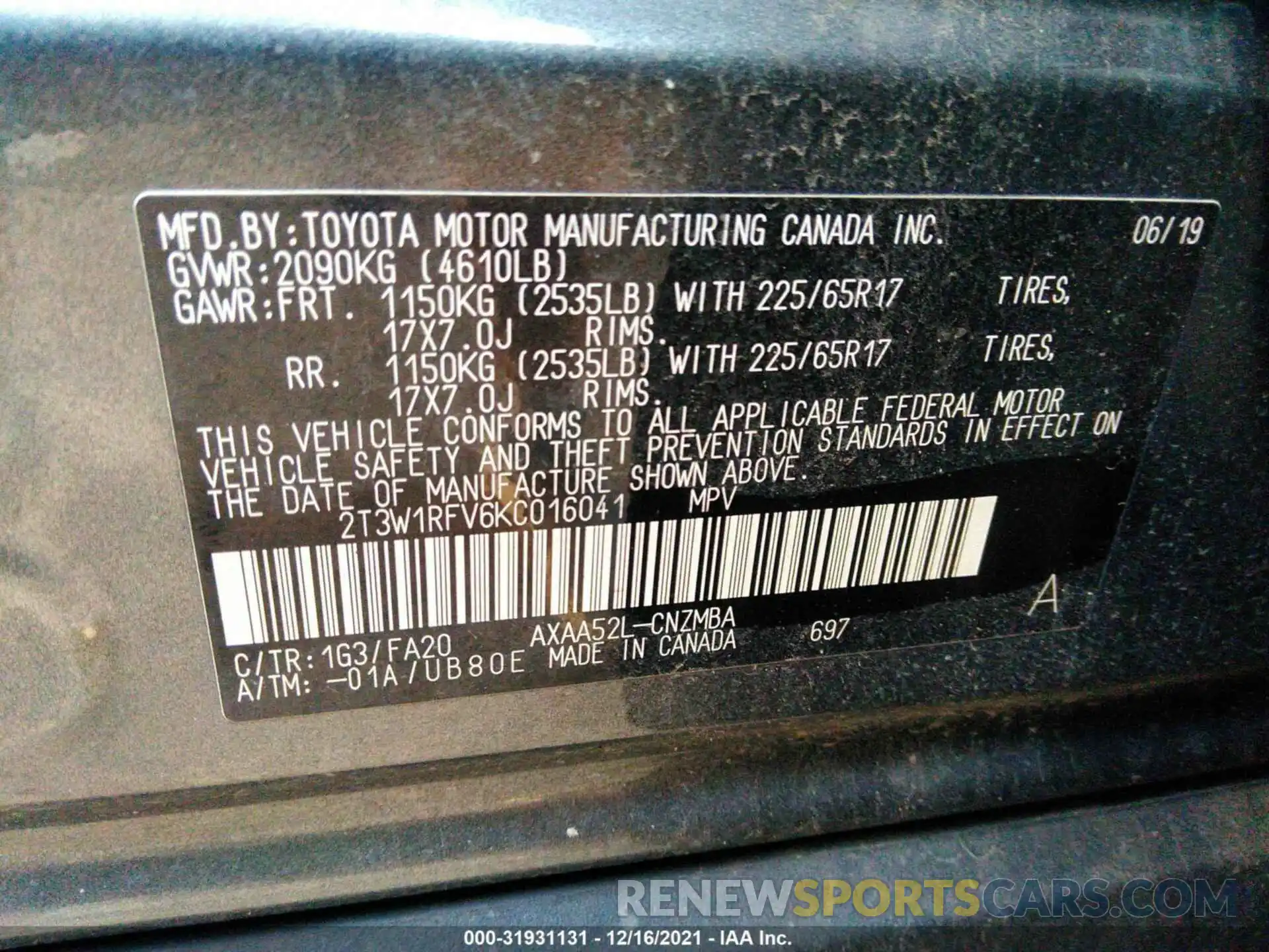 9 Фотография поврежденного автомобиля 2T3W1RFV6KC016041 TOYOTA RAV4 2019