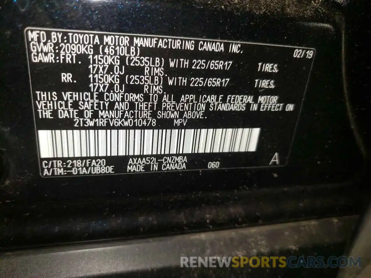 10 Photograph of a damaged car 2T3W1RFV6KW010478 TOYOTA RAV4 2019