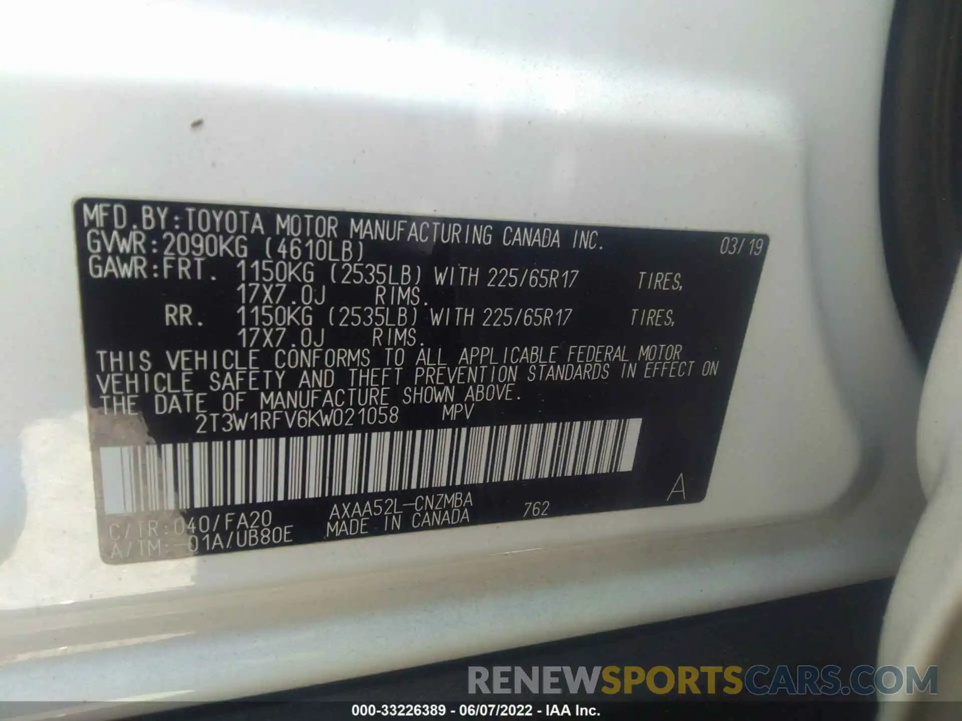 9 Photograph of a damaged car 2T3W1RFV6KW021058 TOYOTA RAV4 2019