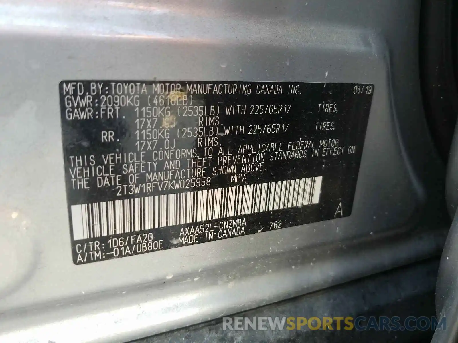 10 Photograph of a damaged car 2T3W1RFV7KW025958 TOYOTA RAV4 2019