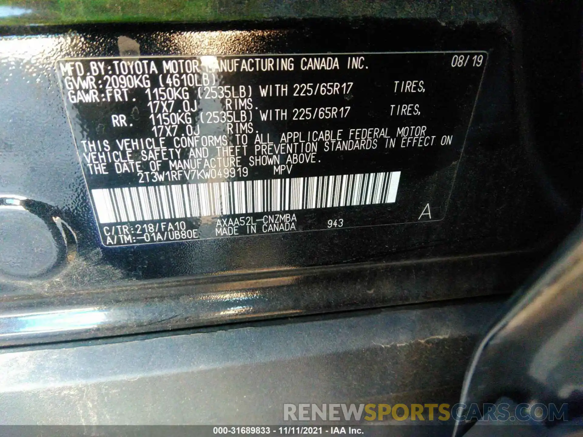 9 Photograph of a damaged car 2T3W1RFV7KW049919 TOYOTA RAV4 2019