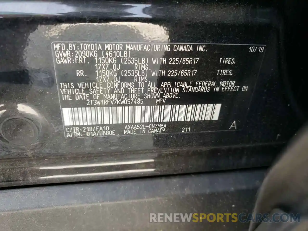 10 Photograph of a damaged car 2T3W1RFV7KW057485 TOYOTA RAV4 2019