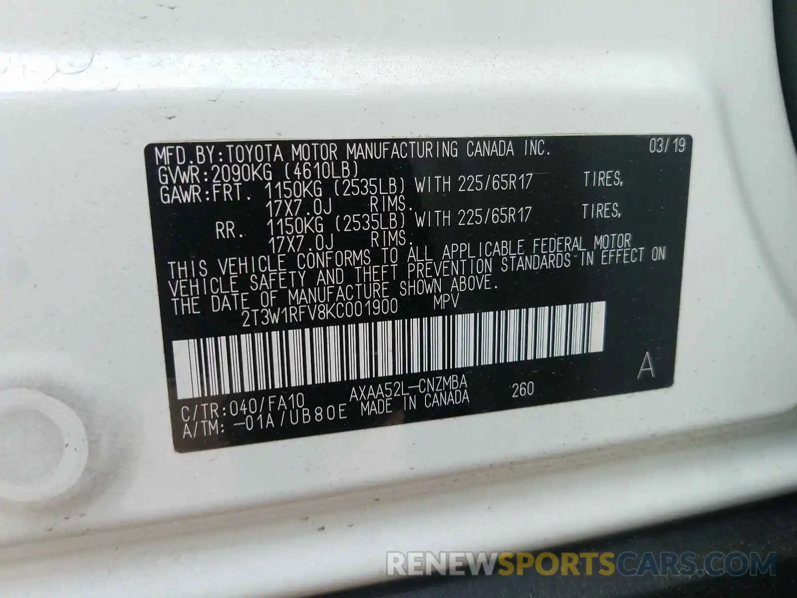 10 Фотография поврежденного автомобиля 2T3W1RFV8KC001900 TOYOTA RAV4 2019