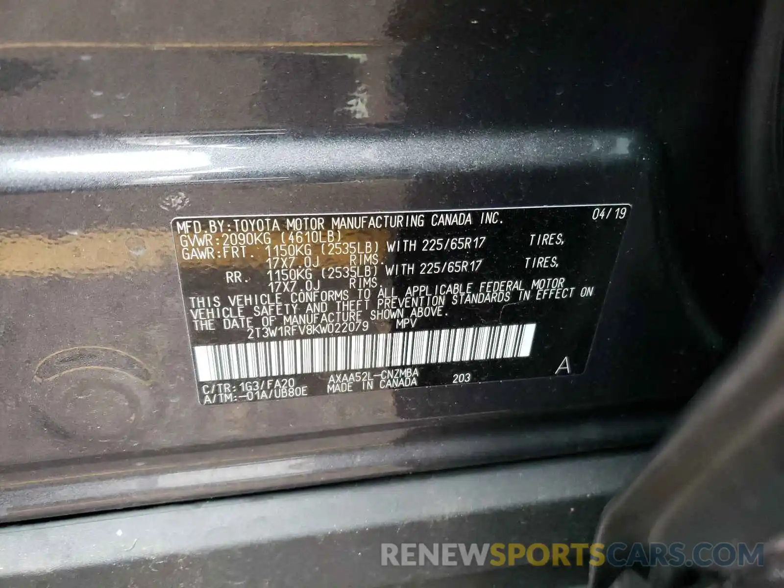 10 Photograph of a damaged car 2T3W1RFV8KW022079 TOYOTA RAV4 2019