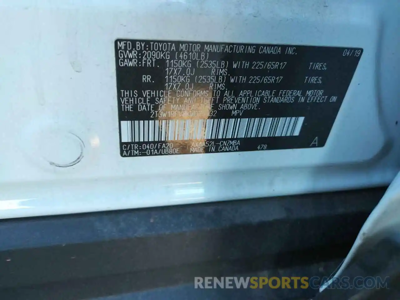 10 Photograph of a damaged car 2T3W1RFV8KW025032 TOYOTA RAV4 2019