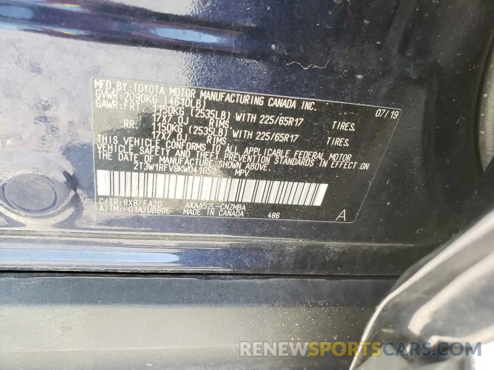 10 Photograph of a damaged car 2T3W1RFV8KW041652 TOYOTA RAV4 2019