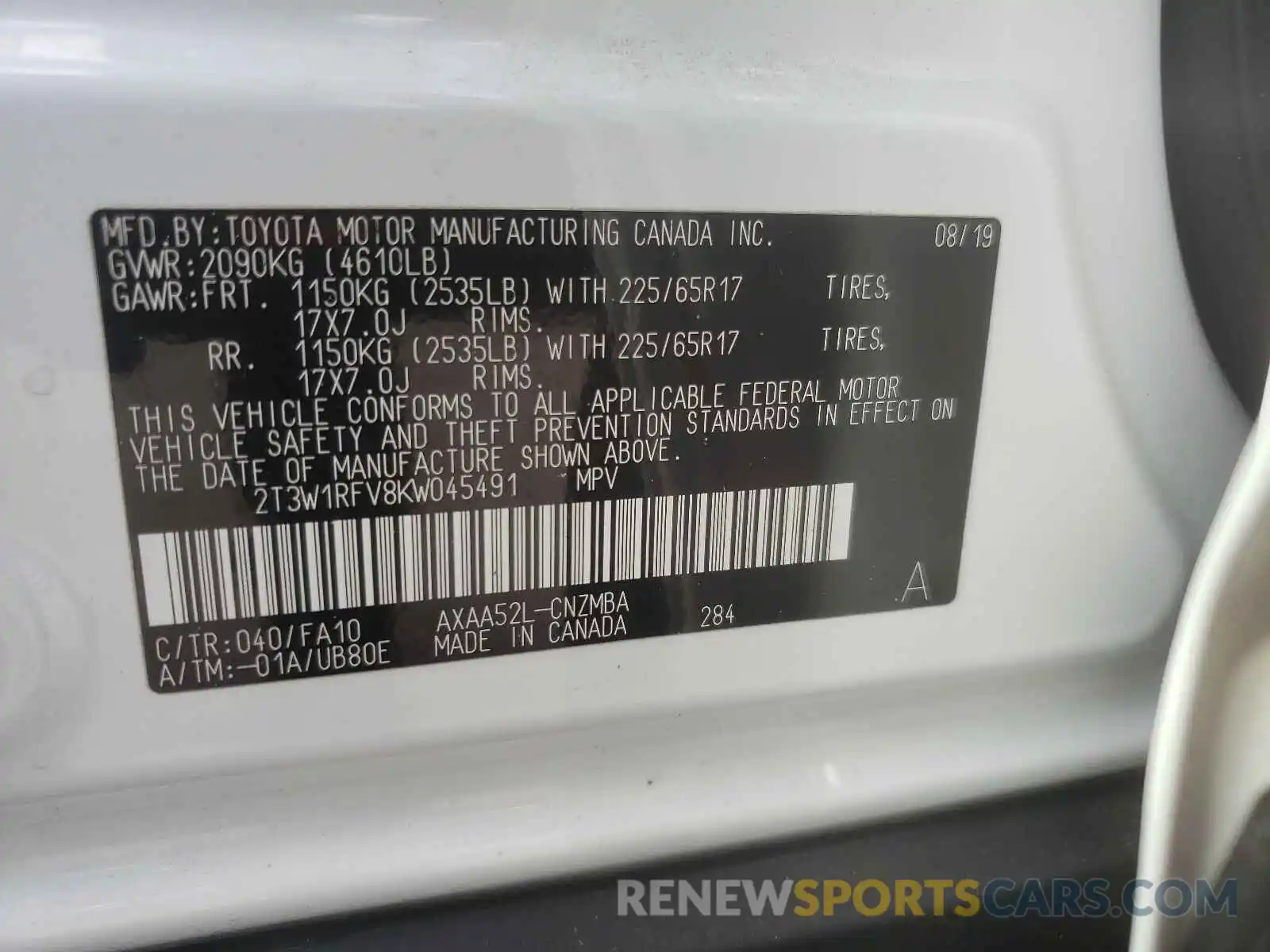 10 Photograph of a damaged car 2T3W1RFV8KW045491 TOYOTA RAV4 2019