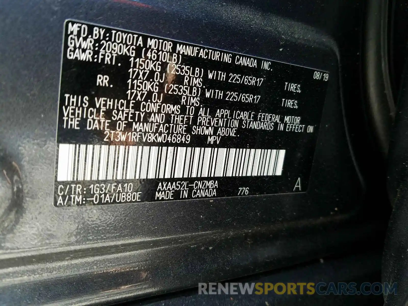 10 Photograph of a damaged car 2T3W1RFV8KW046849 TOYOTA RAV4 2019