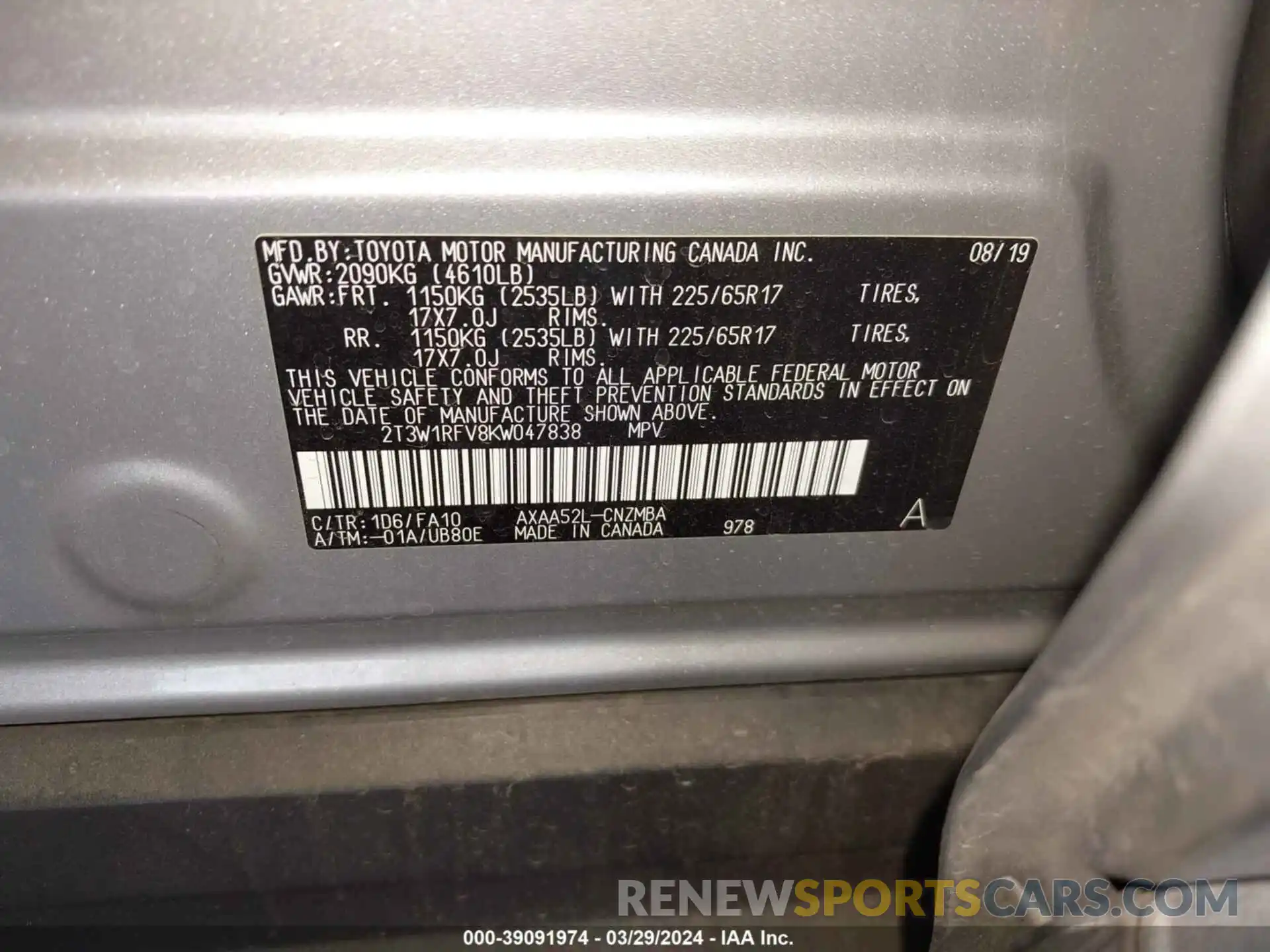 9 Photograph of a damaged car 2T3W1RFV8KW047838 TOYOTA RAV4 2019