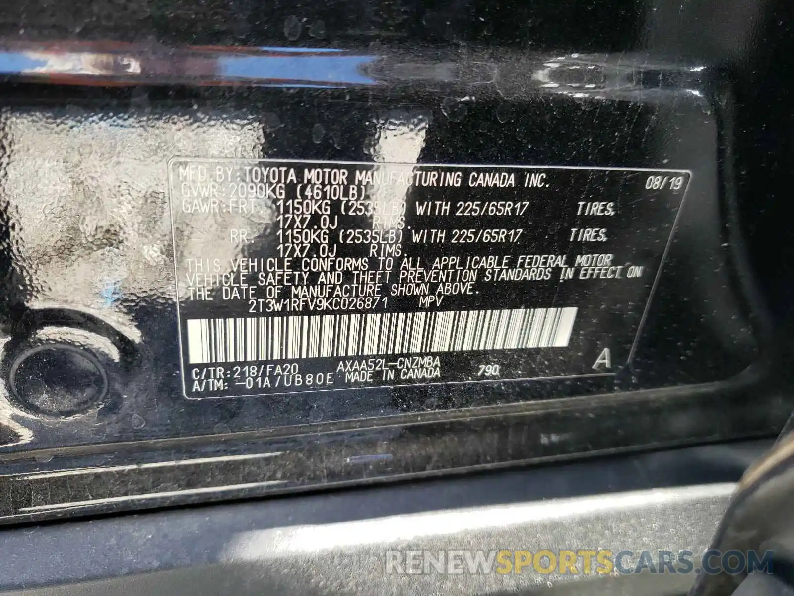 8 Photograph of a damaged car 2T3W1RFV9KC026871 TOYOTA RAV4 2019