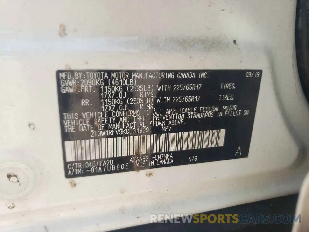 10 Photograph of a damaged car 2T3W1RFV9KC031939 TOYOTA RAV4 2019