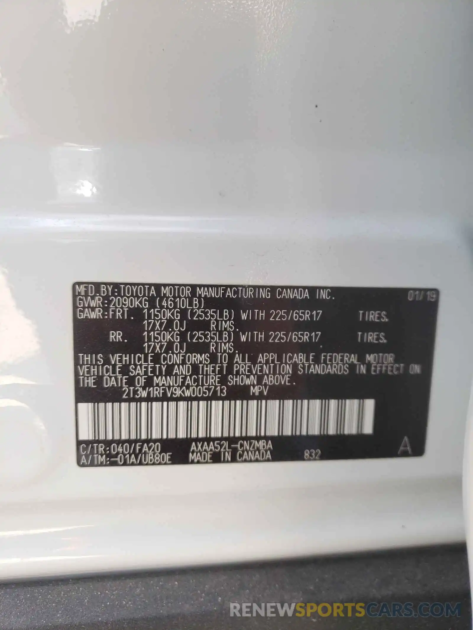 10 Photograph of a damaged car 2T3W1RFV9KW005713 TOYOTA RAV4 2019