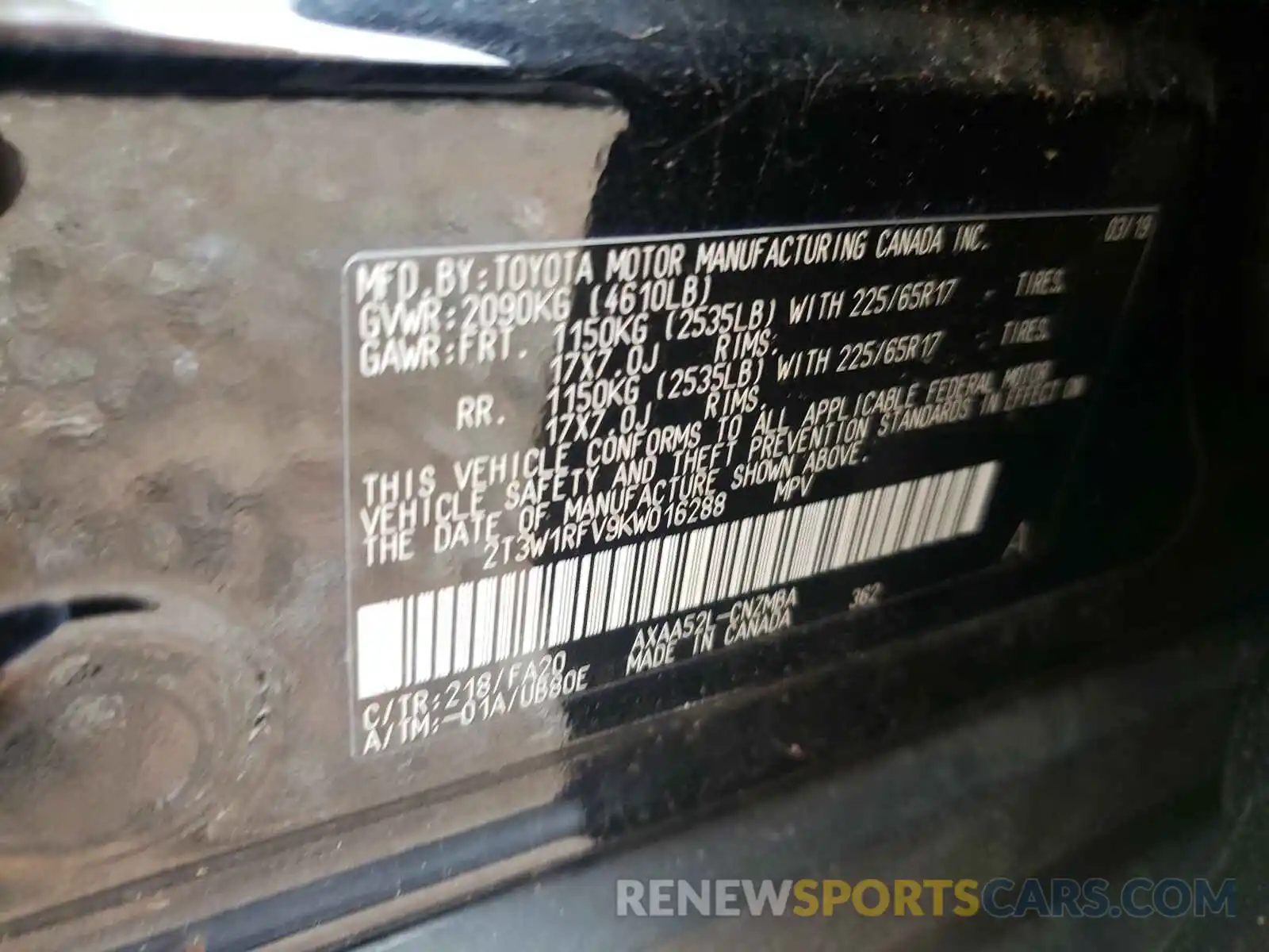 10 Photograph of a damaged car 2T3W1RFV9KW016288 TOYOTA RAV4 2019