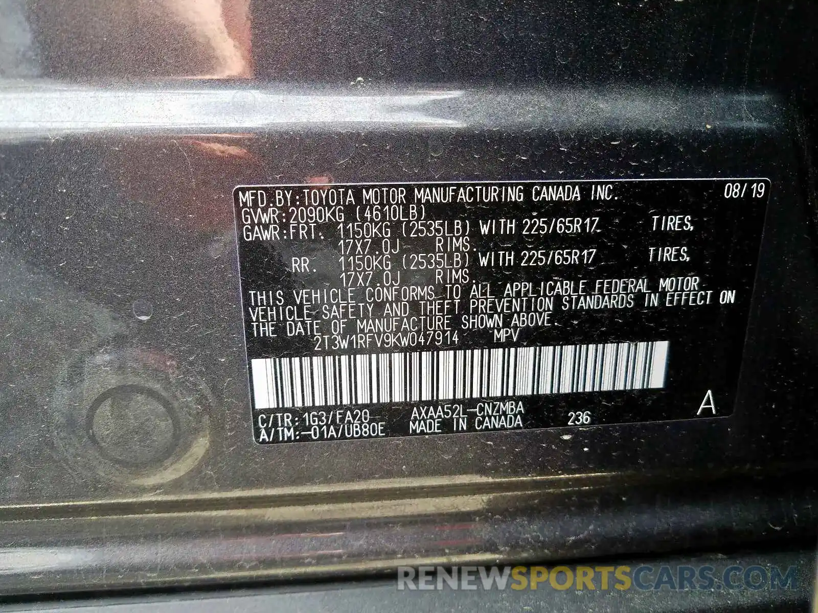 10 Photograph of a damaged car 2T3W1RFV9KW047914 TOYOTA RAV4 2019