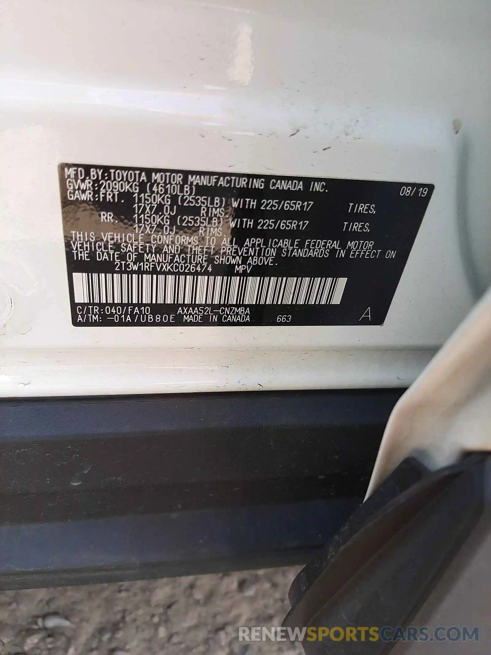 10 Photograph of a damaged car 2T3W1RFVXKC026474 TOYOTA RAV4 2019