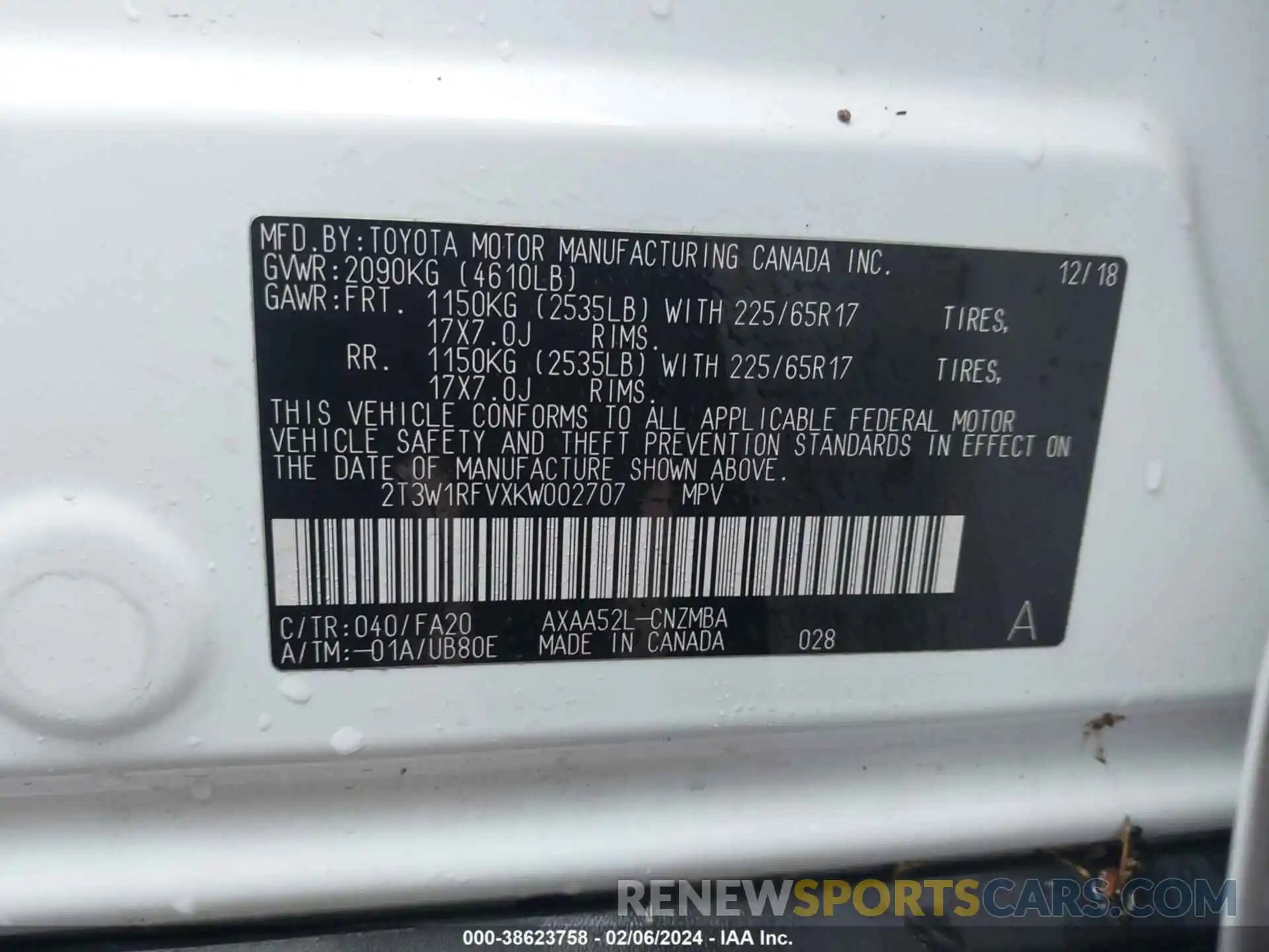 9 Photograph of a damaged car 2T3W1RFVXKW002707 TOYOTA RAV4 2019