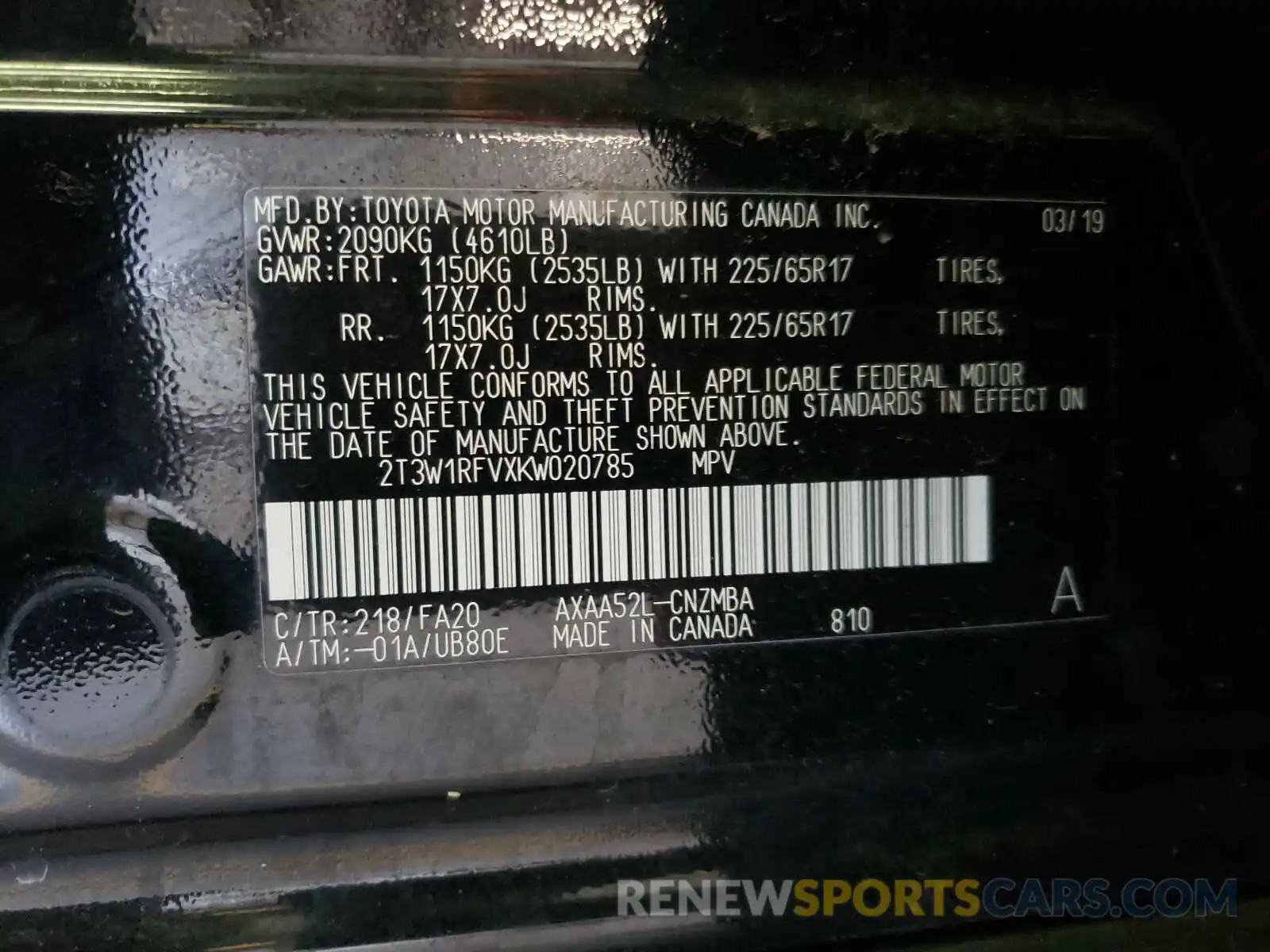 10 Photograph of a damaged car 2T3W1RFVXKW020785 TOYOTA RAV4 2019