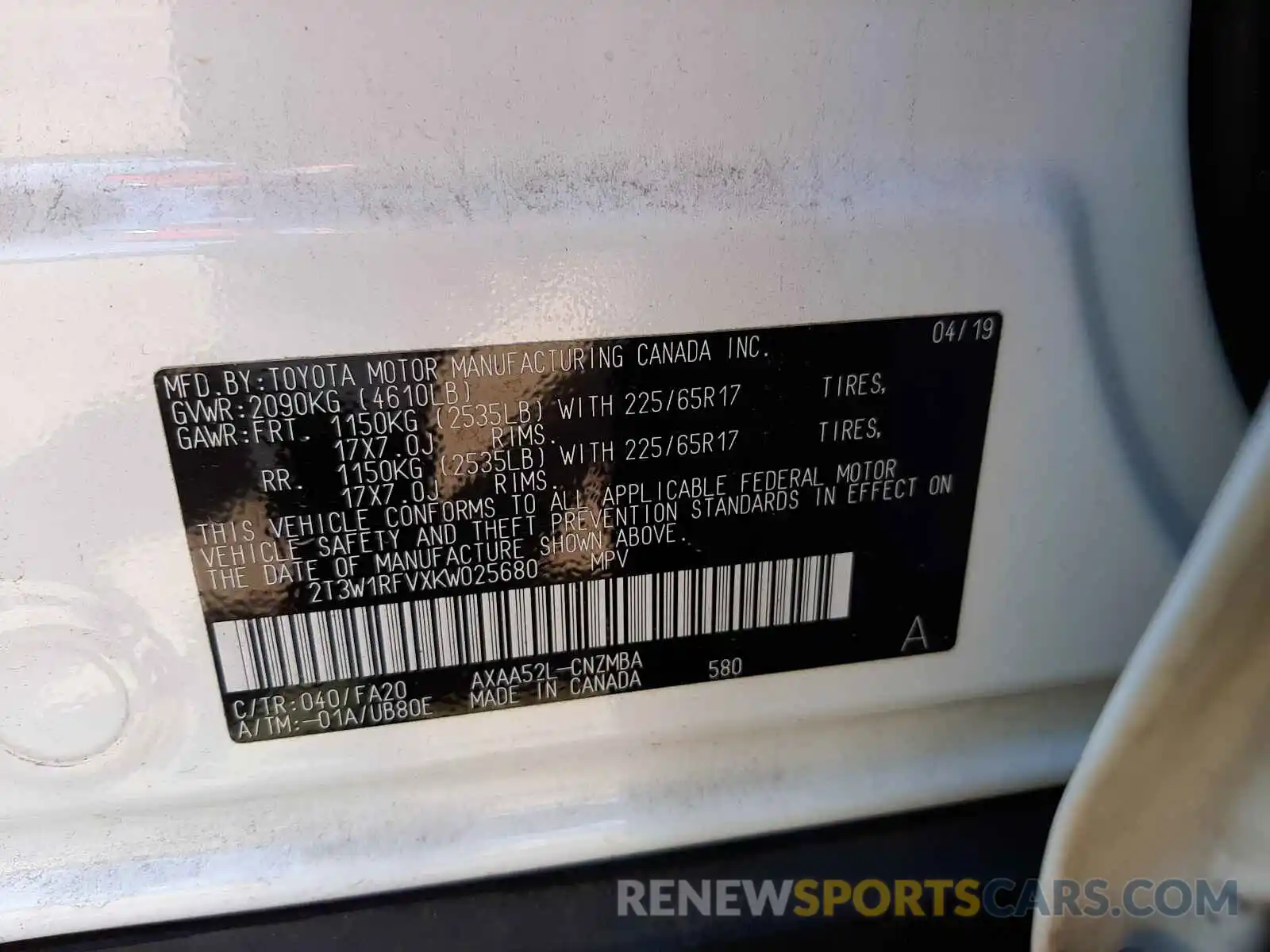 10 Photograph of a damaged car 2T3W1RFVXKW025680 TOYOTA RAV4 2019