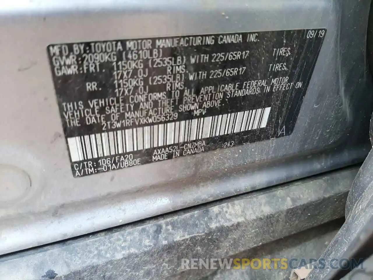 10 Photograph of a damaged car 2T3W1RFVXKW056329 TOYOTA RAV4 2019