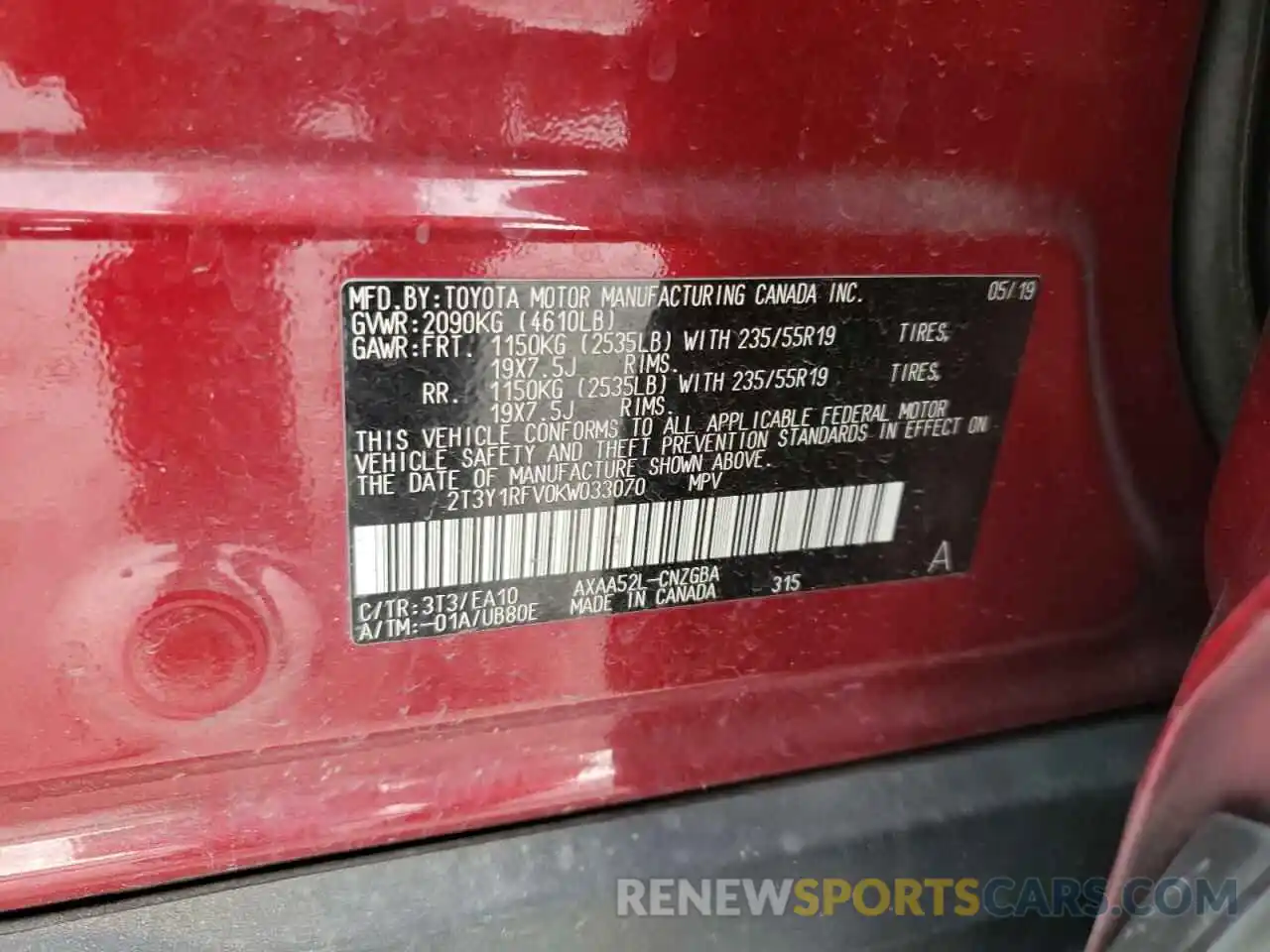 10 Photograph of a damaged car 2T3Y1RFV0KW033070 TOYOTA RAV4 2019