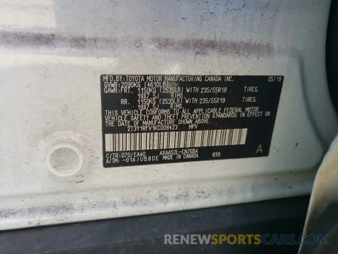 10 Photograph of a damaged car 2T3Y1RFV1KC008423 TOYOTA RAV4 2019