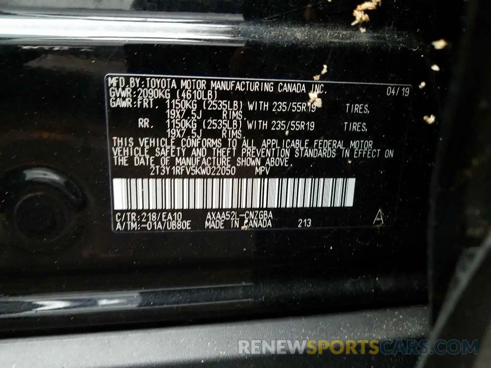 10 Photograph of a damaged car 2T3Y1RFV5KW022050 TOYOTA RAV4 2019