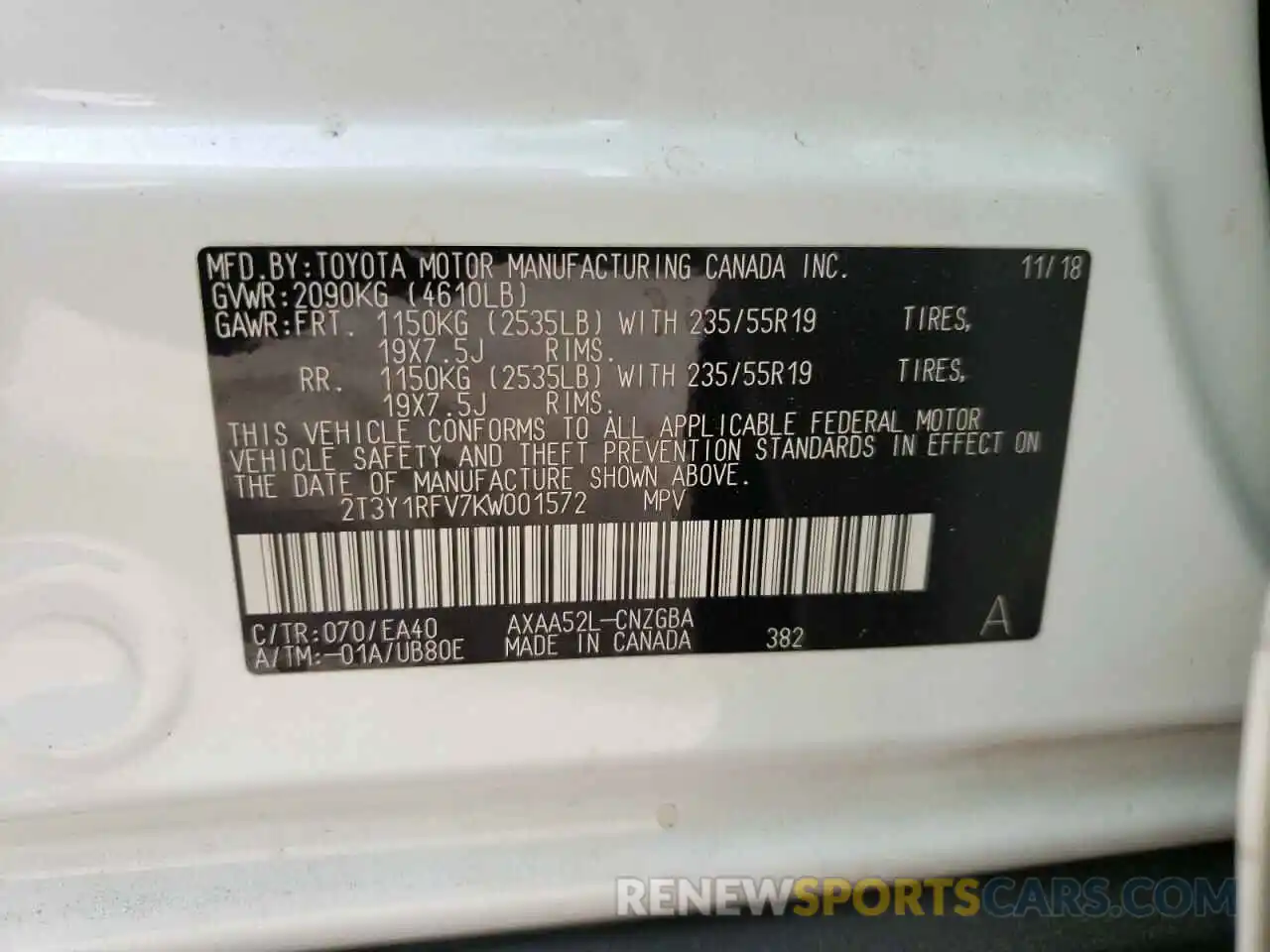 10 Фотография поврежденного автомобиля 2T3Y1RFV7KW001572 TOYOTA RAV4 2019