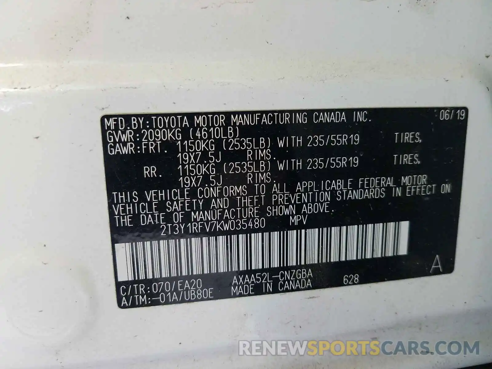 10 Photograph of a damaged car 2T3Y1RFV7KW035480 TOYOTA RAV4 2019