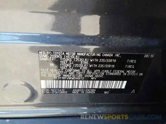 10 Photograph of a damaged car 2T3Y1RFV9KW046612 TOYOTA RAV4 2019