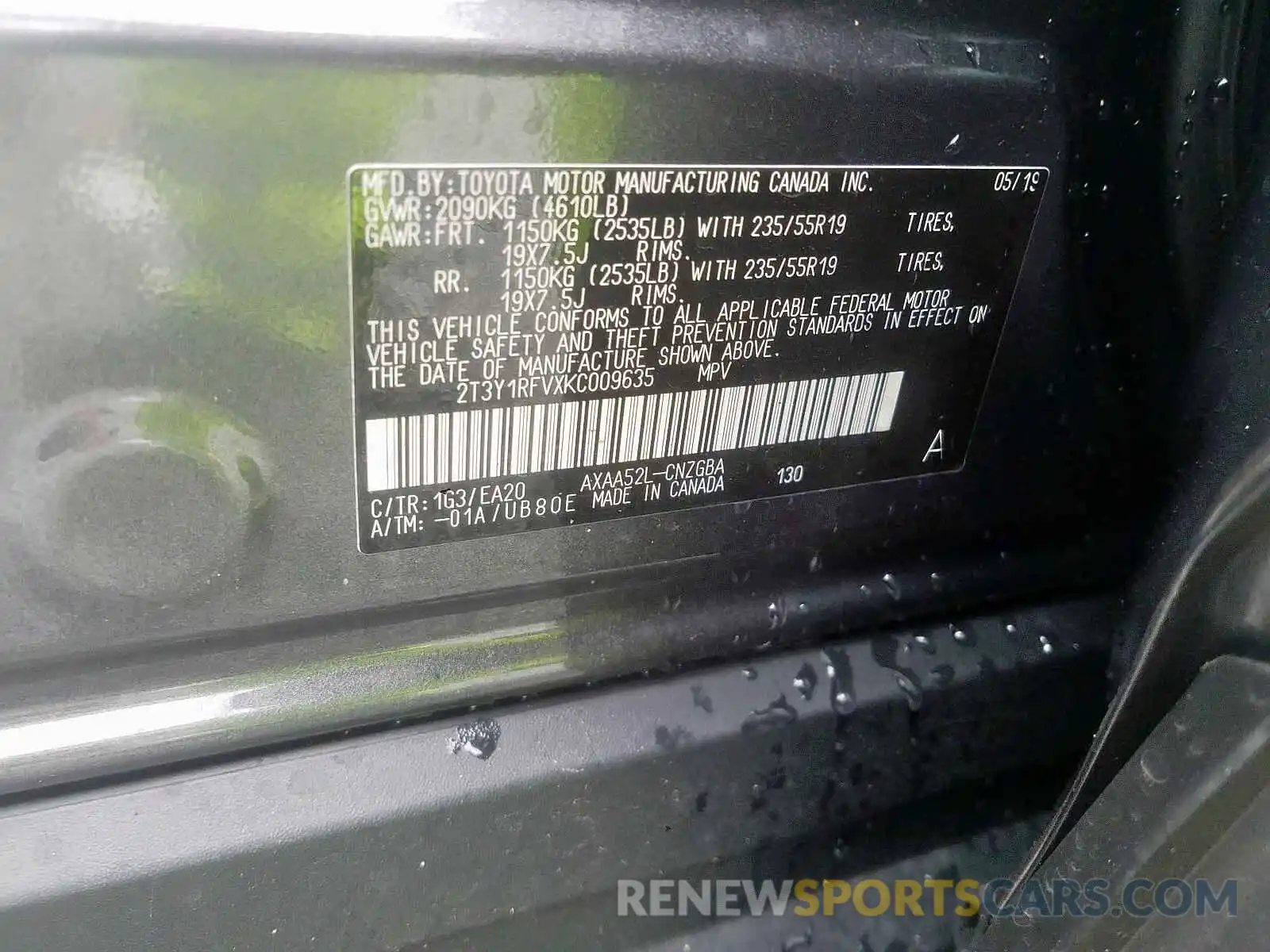 10 Photograph of a damaged car 2T3Y1RFVXKC009635 TOYOTA RAV4 2019