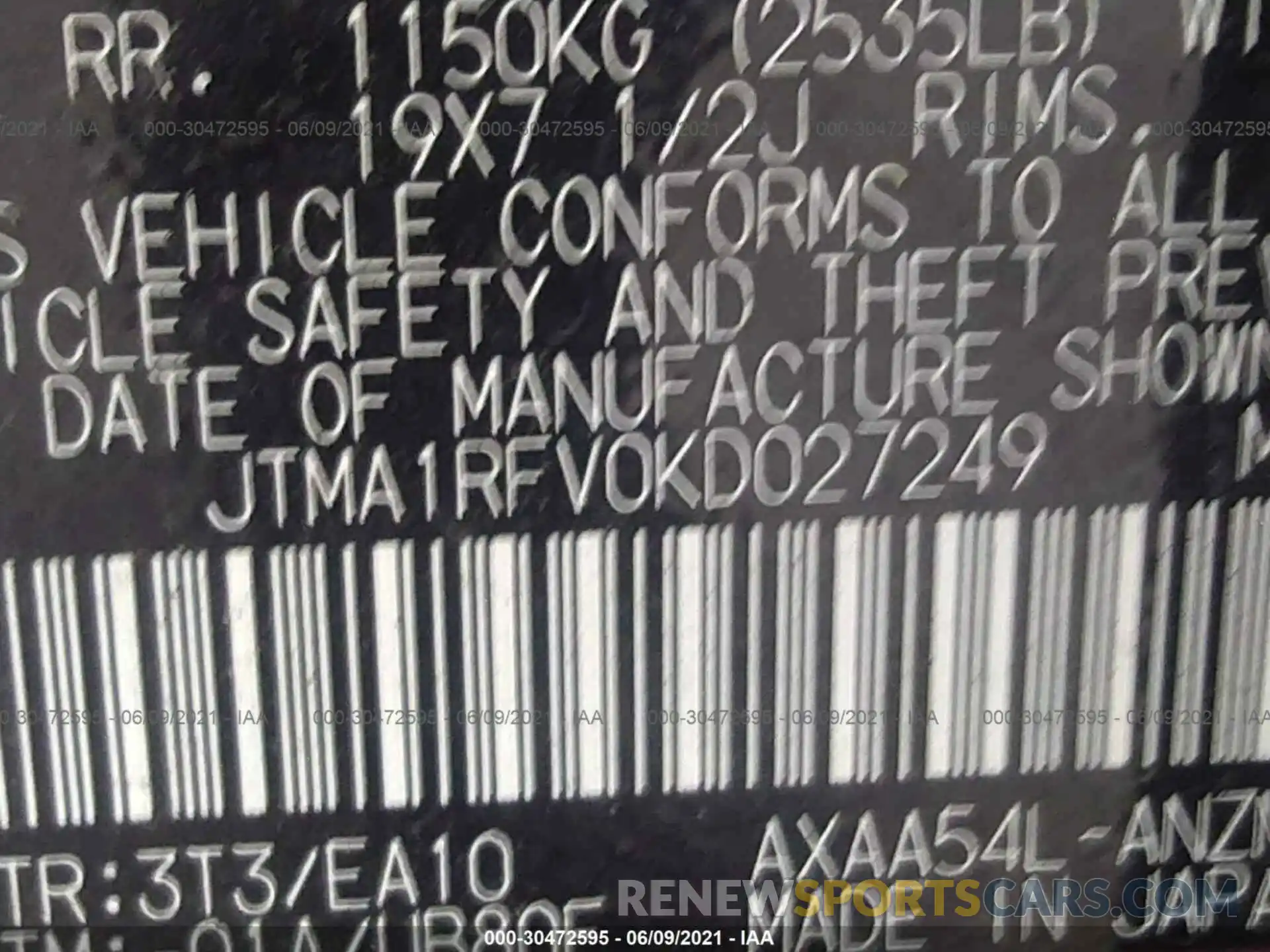 9 Фотография поврежденного автомобиля JTMA1RFV0KD027249 TOYOTA RAV4 2019