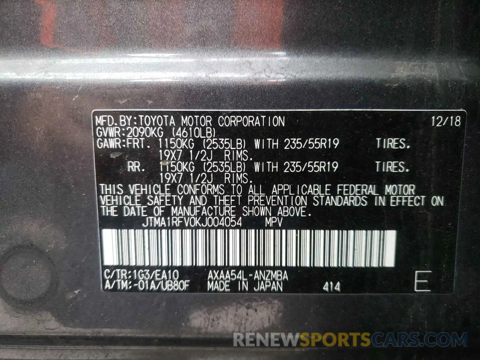 10 Фотография поврежденного автомобиля JTMA1RFV0KJ004054 TOYOTA RAV4 2019