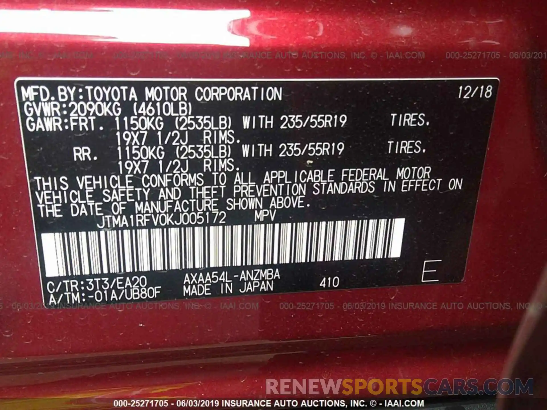 9 Photograph of a damaged car JTMA1RFV0KJ005172 TOYOTA RAV4 2019