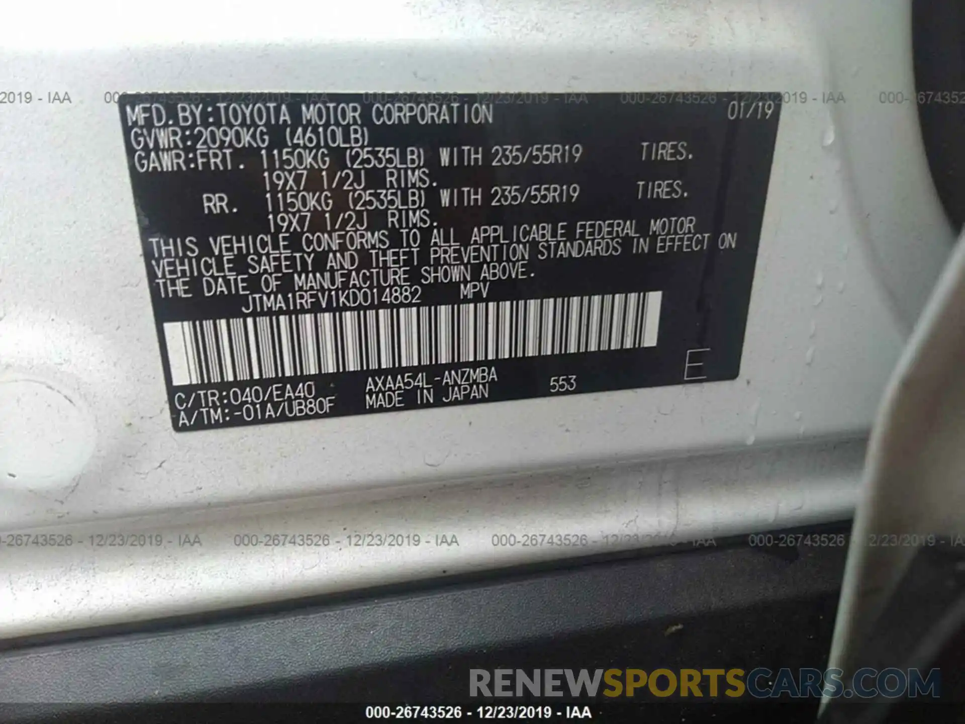 9 Фотография поврежденного автомобиля JTMA1RFV1KD014882 TOYOTA RAV4 2019